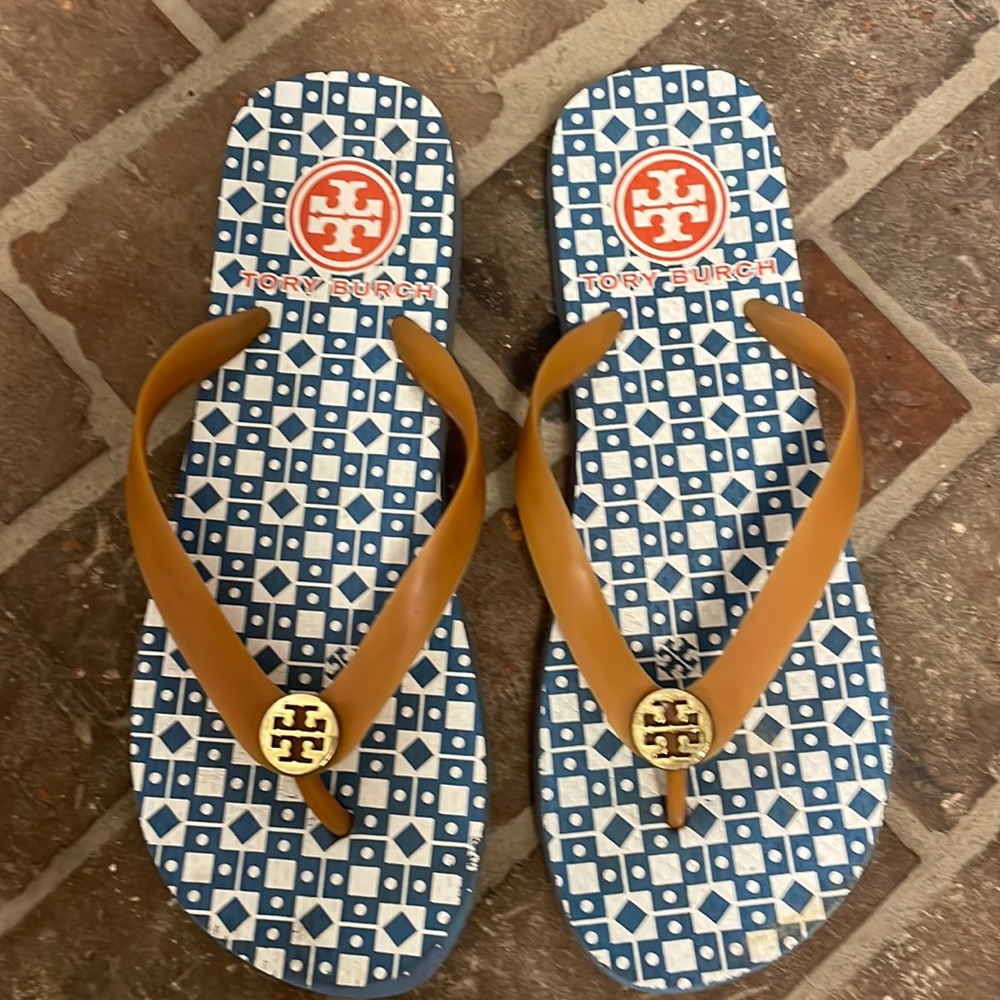 Tory Burch Blue Patterned Flip Flop Sandals with Tan Straps